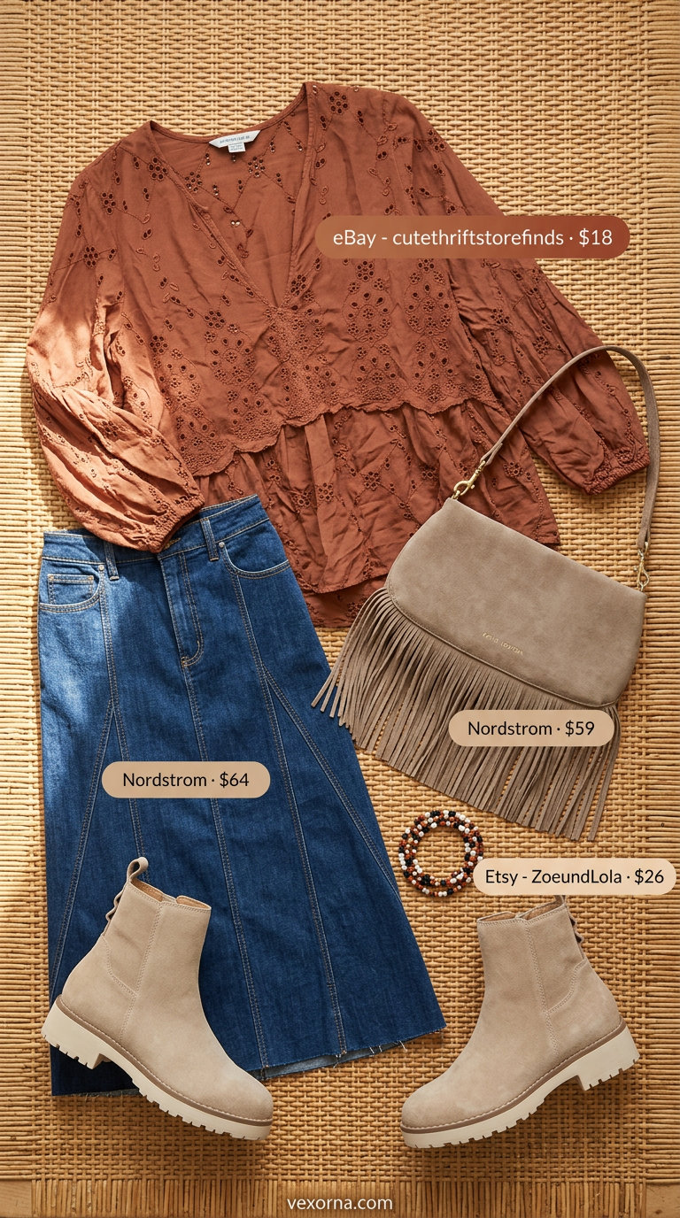 Boho chic outfit: terracotta eyelet blouse with denim midi skirt, fringed bag, and suede ankle boots.