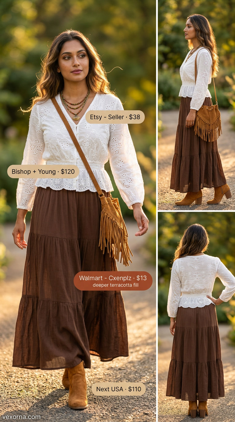 Boho summer evening outfit featuring a cream eyelet blouse, tiered maxi skirt, suede boots, and layered necklaces.