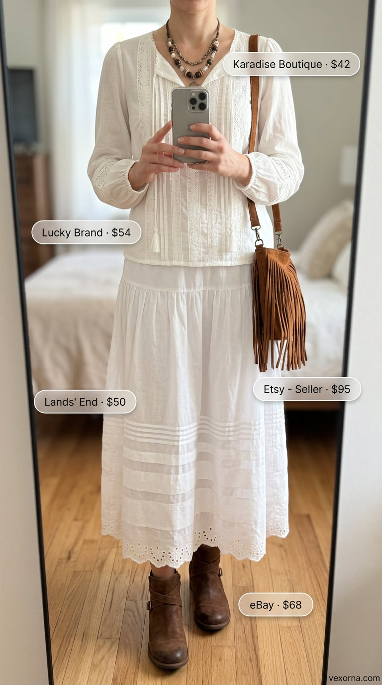 Ivory peasant blouse with eyelet trim, tiered maxi skirt, and ankle boots for a boho festival look.