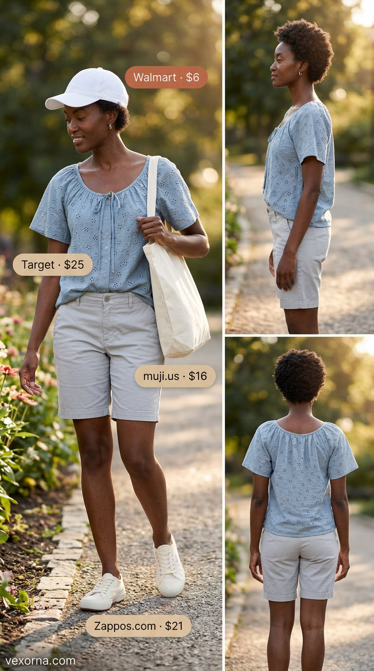 Casual chic outfit: light blue eyelet blouse, beige Bermuda shorts, canvas sneakers, and a tote bag.