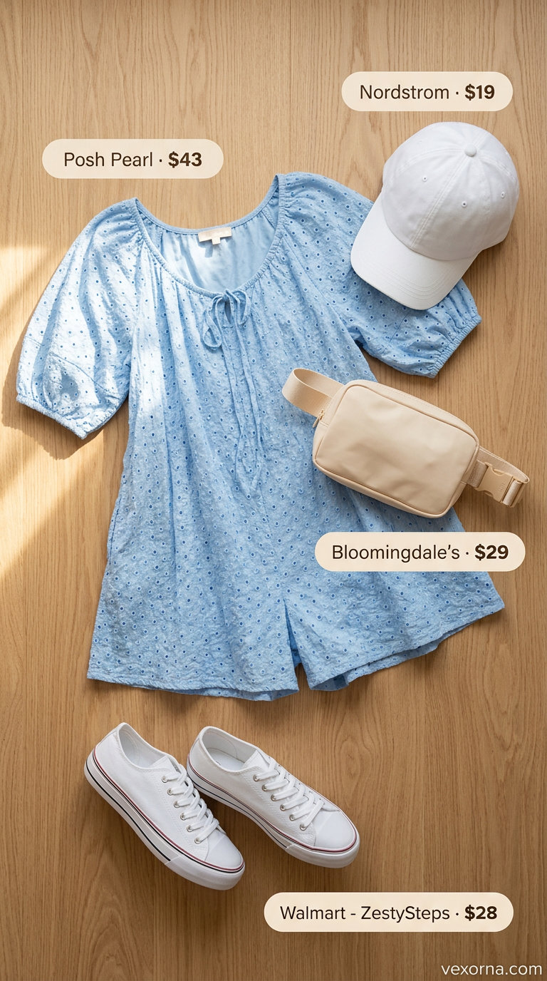 Light blue eyelet romper with white sneakers and a beige belt bag for a casual weekend getaway.