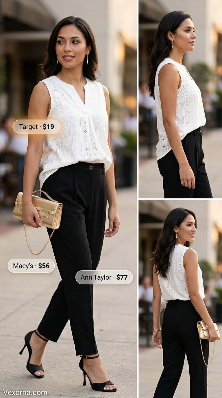 Chic summer evening outfit: ivory eyelet blouse, black trousers, heeled sandals, and gold accessories.