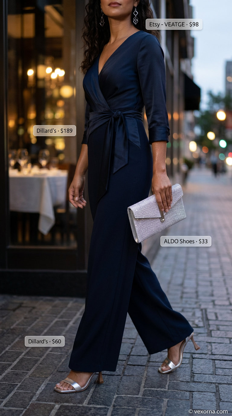Sophisticated navy wide-leg jumpsuit with eyelet detail, paired with silver heels and clutch.