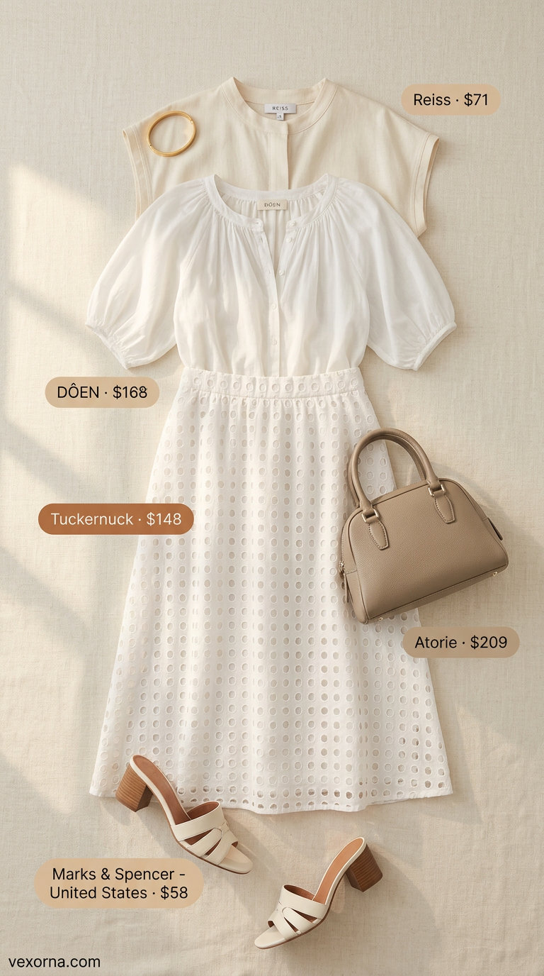 Cream eyelet midi skirt with a fine-gauge knit top and block heel mules for a chic daytime event.