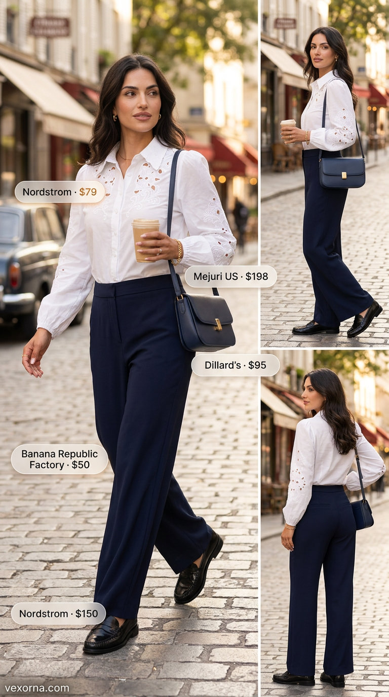 City explorer outfit: cream eyelet blouse, navy wide-leg trousers, leather loafers, and shoulder bag.