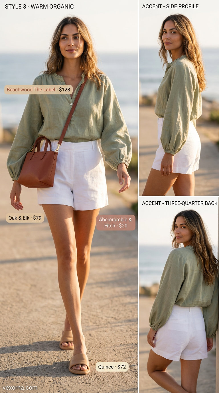 Sage green linen eyelet blouse with tailored shorts and leather slide sandals for a relaxed beach vacation.