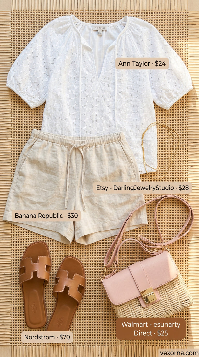 Coastal breeze outfit: white eyelet blouse with puff sleeves, linen shorts, leather slides, and straw crossbody bag.