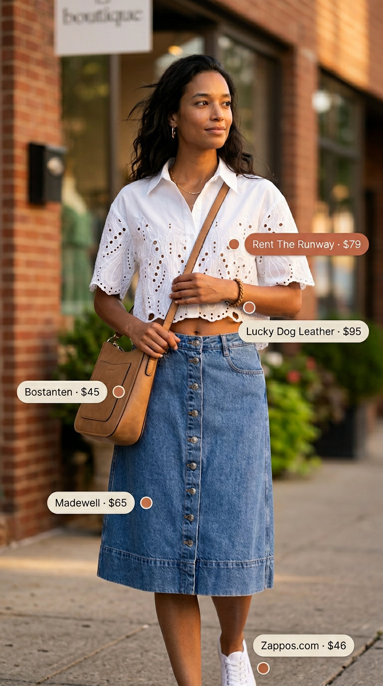 Denim darling outfit: white eyelet blouse, denim midi skirt, canvas sneakers, and crossbody bag.