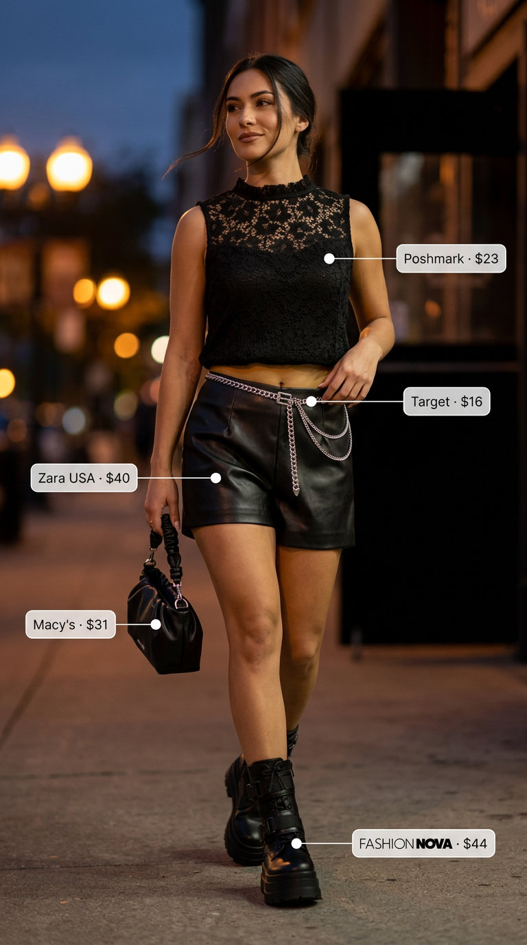 Sleeveless black eyelet blouse with high neckline, faux leather shorts, and combat boots for a night out.