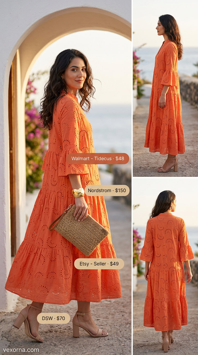 Coral orange eyelet summer maxi dress with nude sandals and straw clutch for evening beach dinner.
