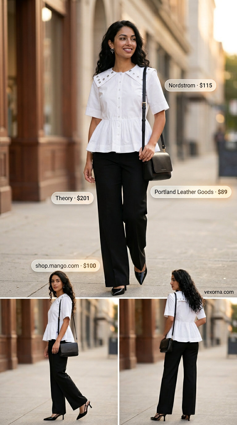 Modern minimalist outfit featuring a crisp white eyelet blouse, black tailored trousers, and silver accessories for smart casual events.