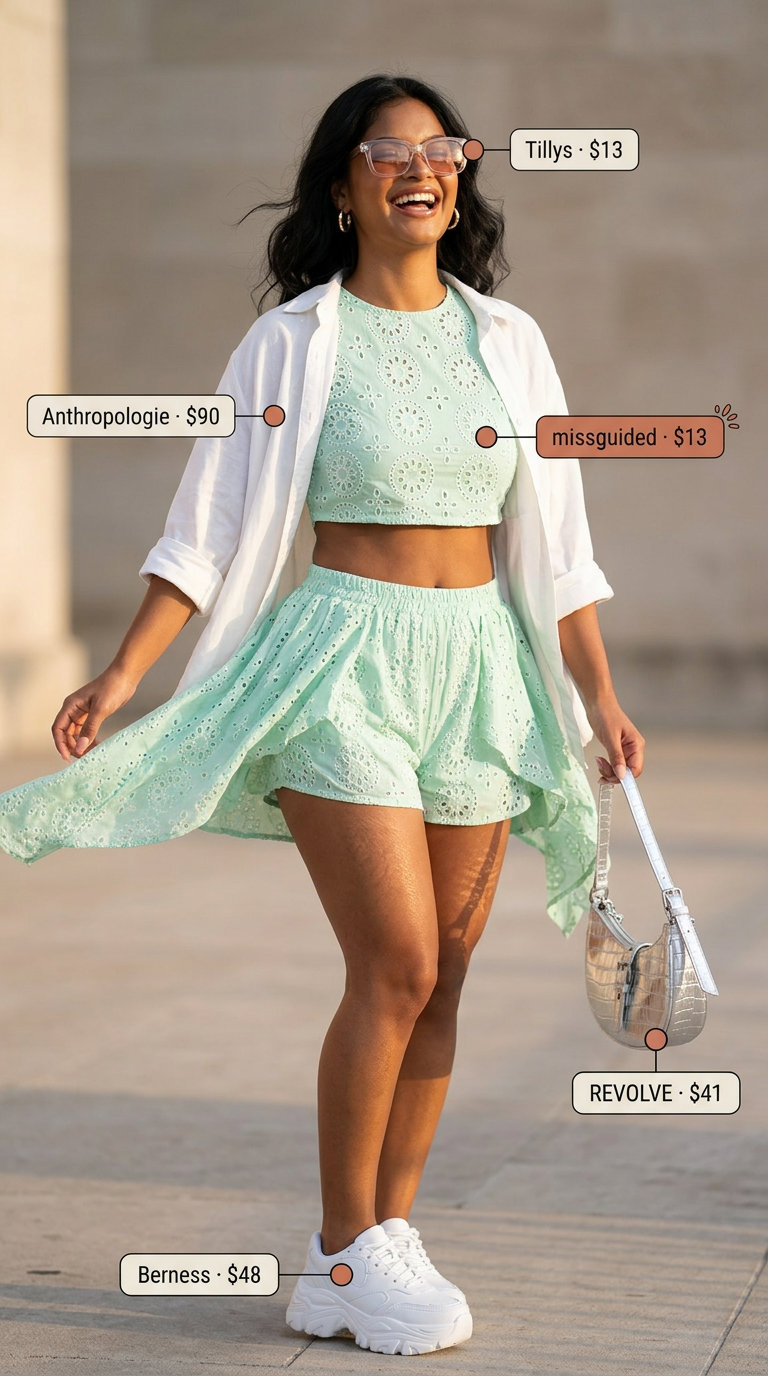 Pale mint eyelet crop top and shorts set with chunky white sneakers for a casual summer day.