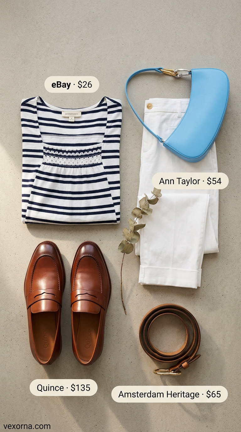 Preppy summer outfit featuring a navy and white striped eyelet blouse, white capri pants, and tan loafers.