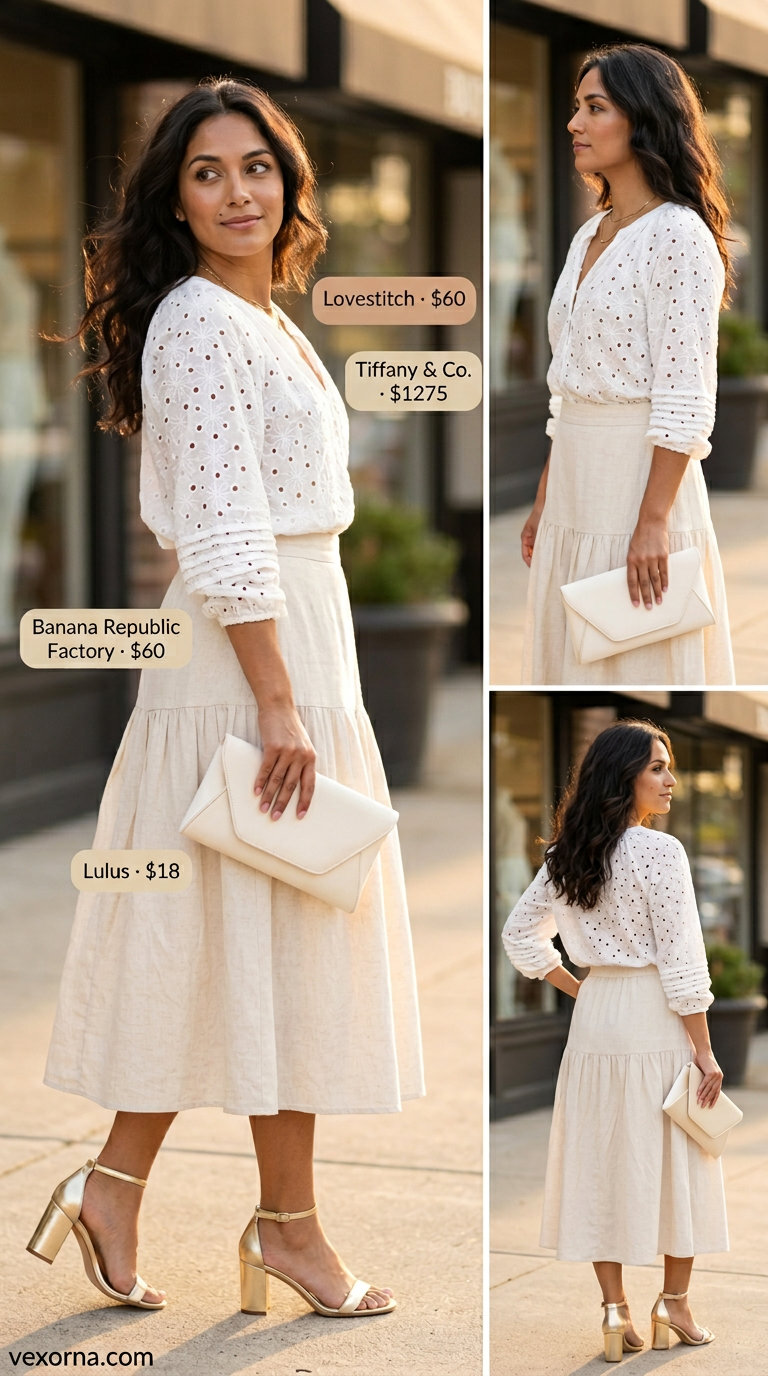 Sheer white eyelet blouse with tie-neck, coral midi skirt, and gold sandals for a romantic date night.
