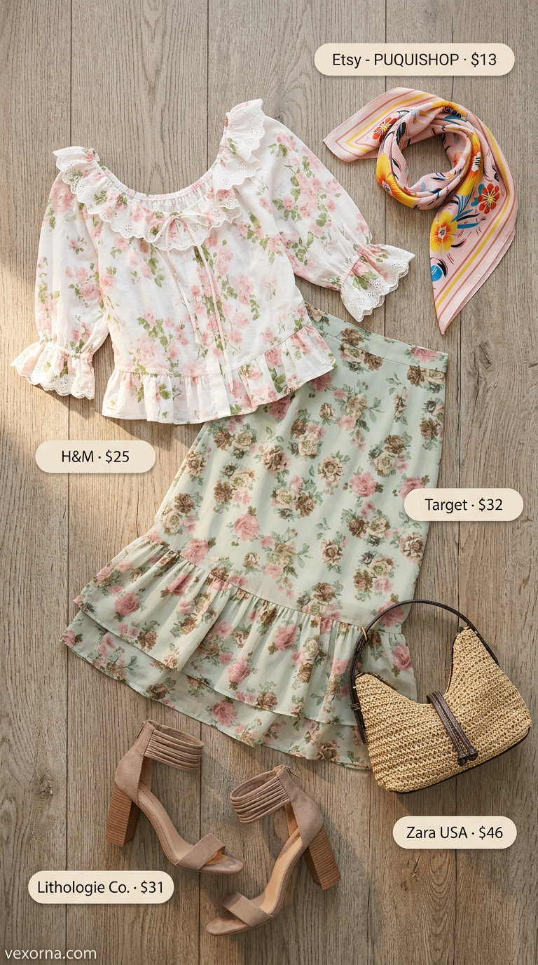 Romantic garden party outfit with a blush pink eyelet blouse, sage green tiered midi skirt, and woven basket bag.