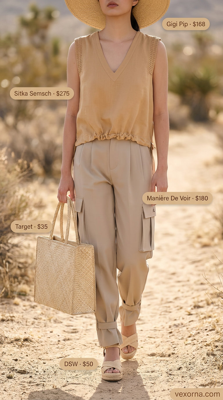 Camel linen-blend eyelet blouse with cargo pants and wedge espadrilles for safari chic travel.