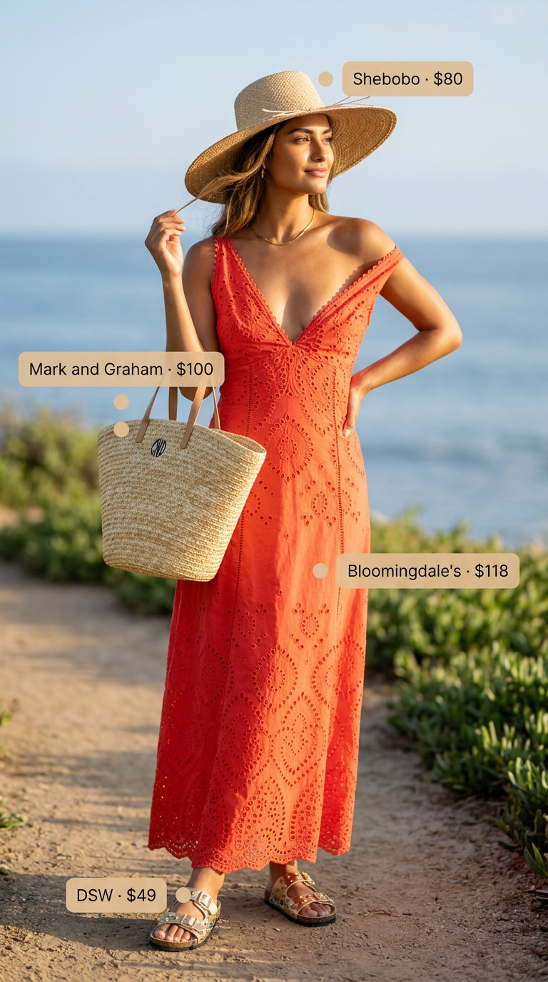 Sundrenched vacation outfit: coral eyelet maxi dress with gold embellished sandals and a wide-brimmed straw hat.