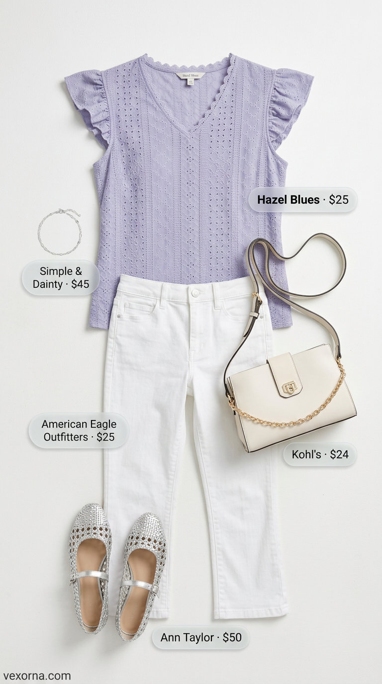 Sweet summer outfit: lavender eyelet blouse, white capri pants, ballet flats, and silver bracelet.