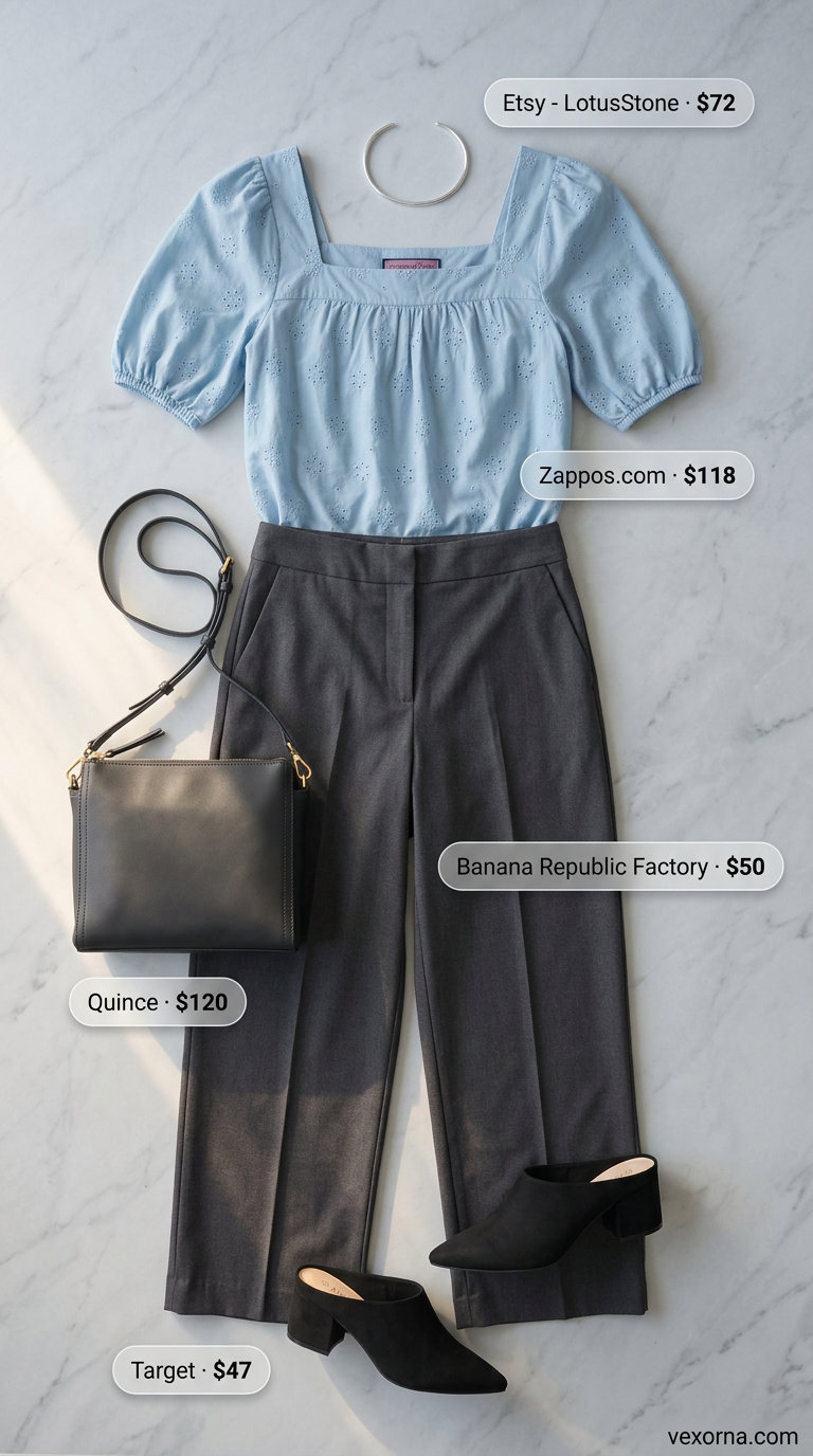 Urban explorer outfit: sky blue eyelet blouse, charcoal grey wide-leg trousers, and black block heel mules.