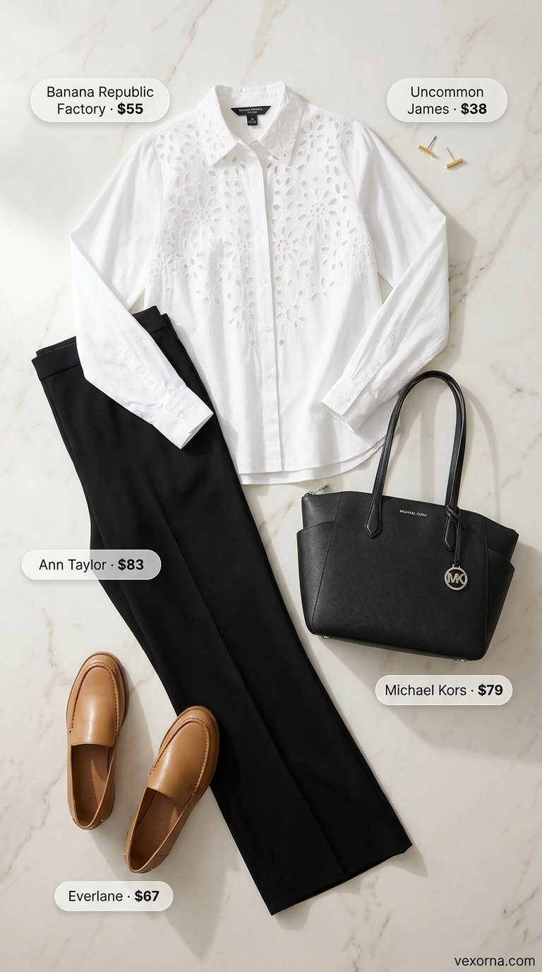 Urban explorer outfit: white eyelet blouse, black wide-leg trousers, loafers, and structured tote.