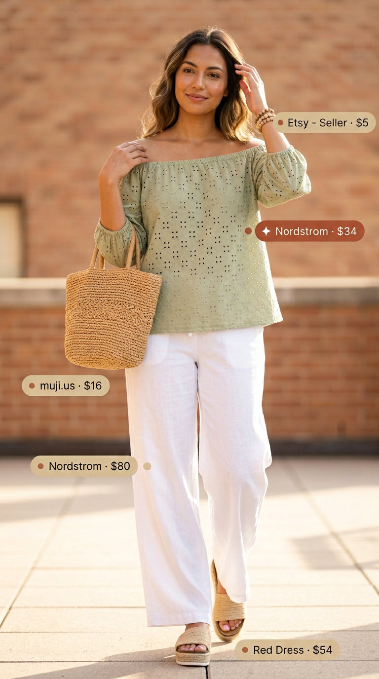 Vacation outfit: olive green off-the-shoulder eyelet blouse, white linen pants, and wooden espadrilles.