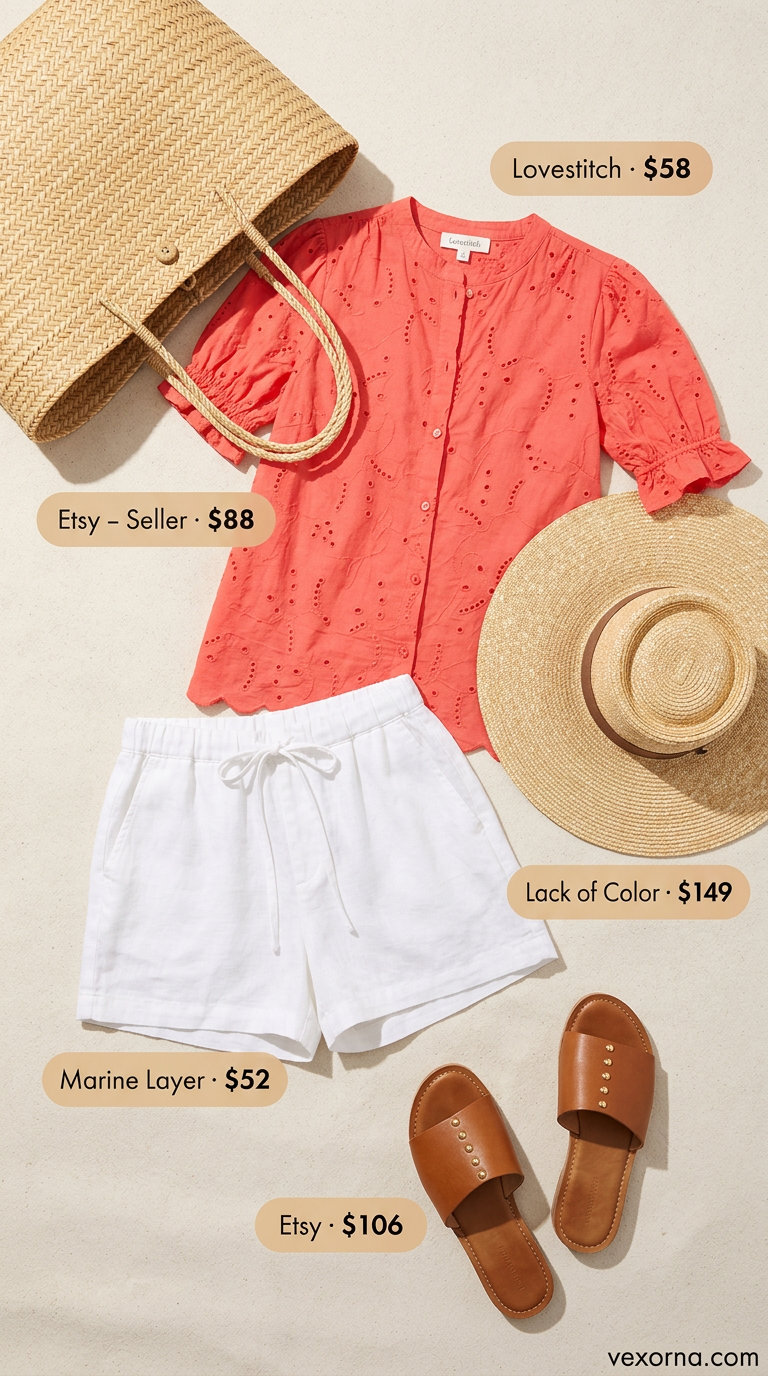 Vacation ready outfit: coral eyelet blouse, white linen shorts, leather sandals, and a straw beach tote.