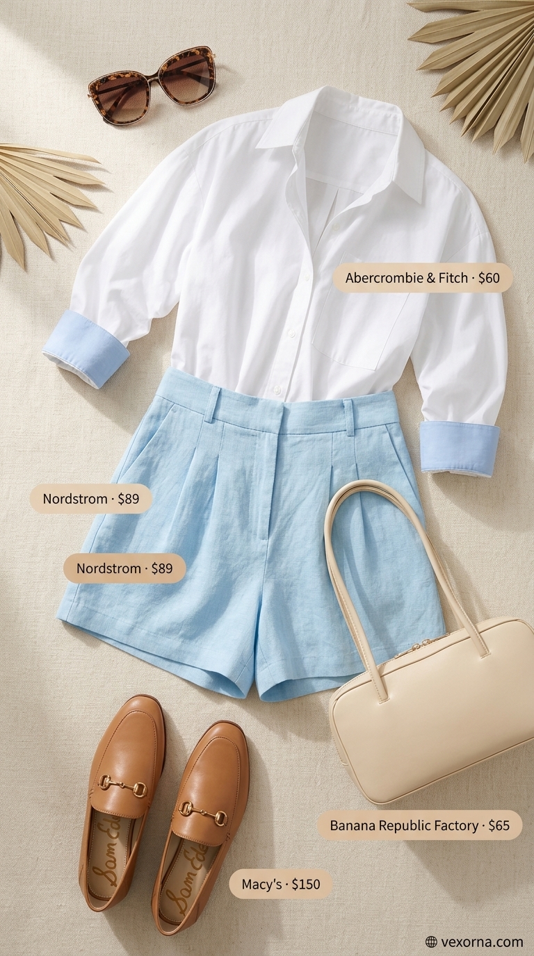 Feminine pastel summer outfits for women 2026: Sky blue linen shorts, white oversized shirt, loafers. Azure Coastline Chic style.