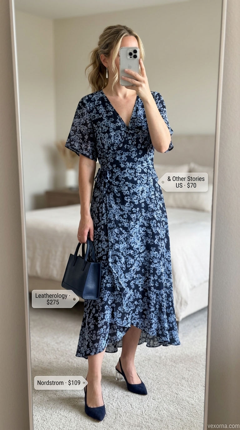 Feminine pastel summer outfit 2026: Powder blue midi wrap dress with navy heels and bag for a daytime event.