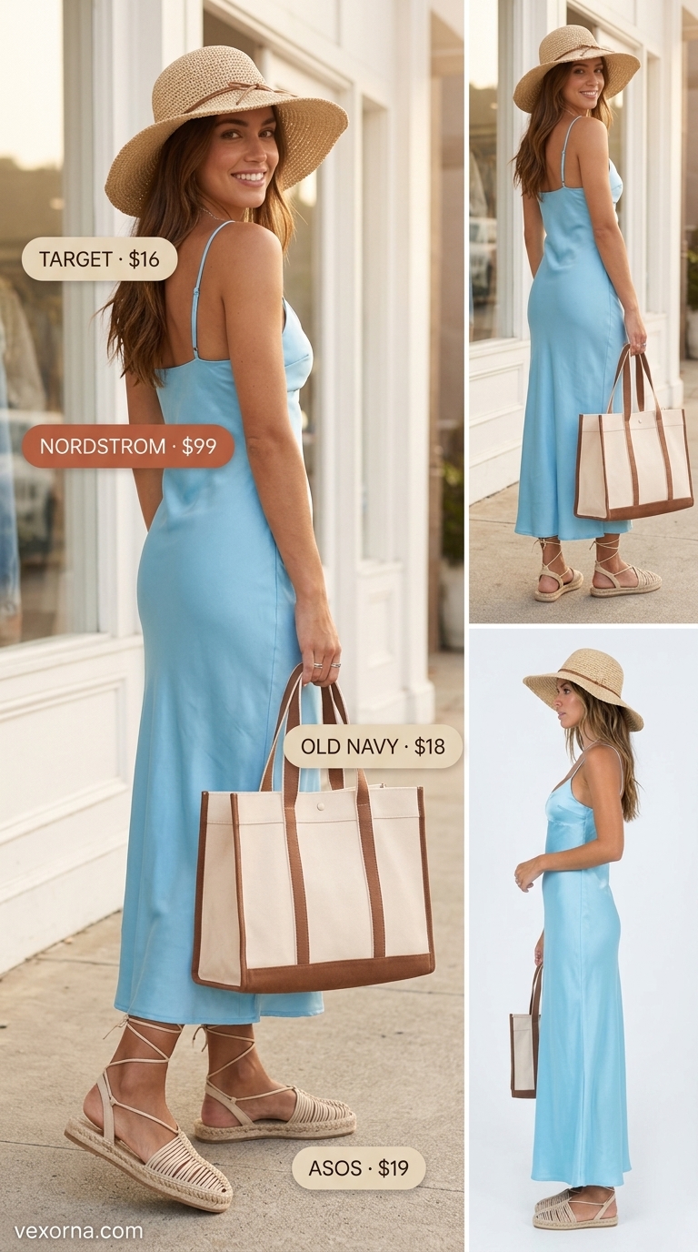 Feminine pastel summer outfit 2026: Sky blue slip dress, straw hat, espadrilles for beach vacation.