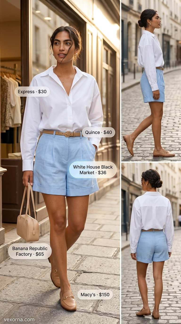 Feminine pastel summer outfit 2026: Baby blue shorts, white oversized shirt, tan loafers for city brunch.