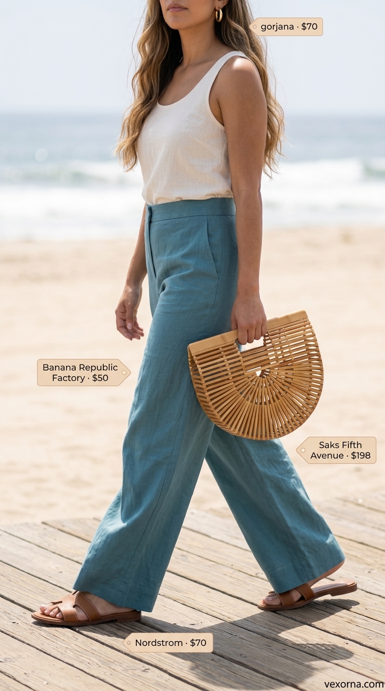 Feminine pastel summer outfits for women 2026: Sky blue linen pants, ecru ribbed tank, tan slides. Coastal Breeze Brunch style.