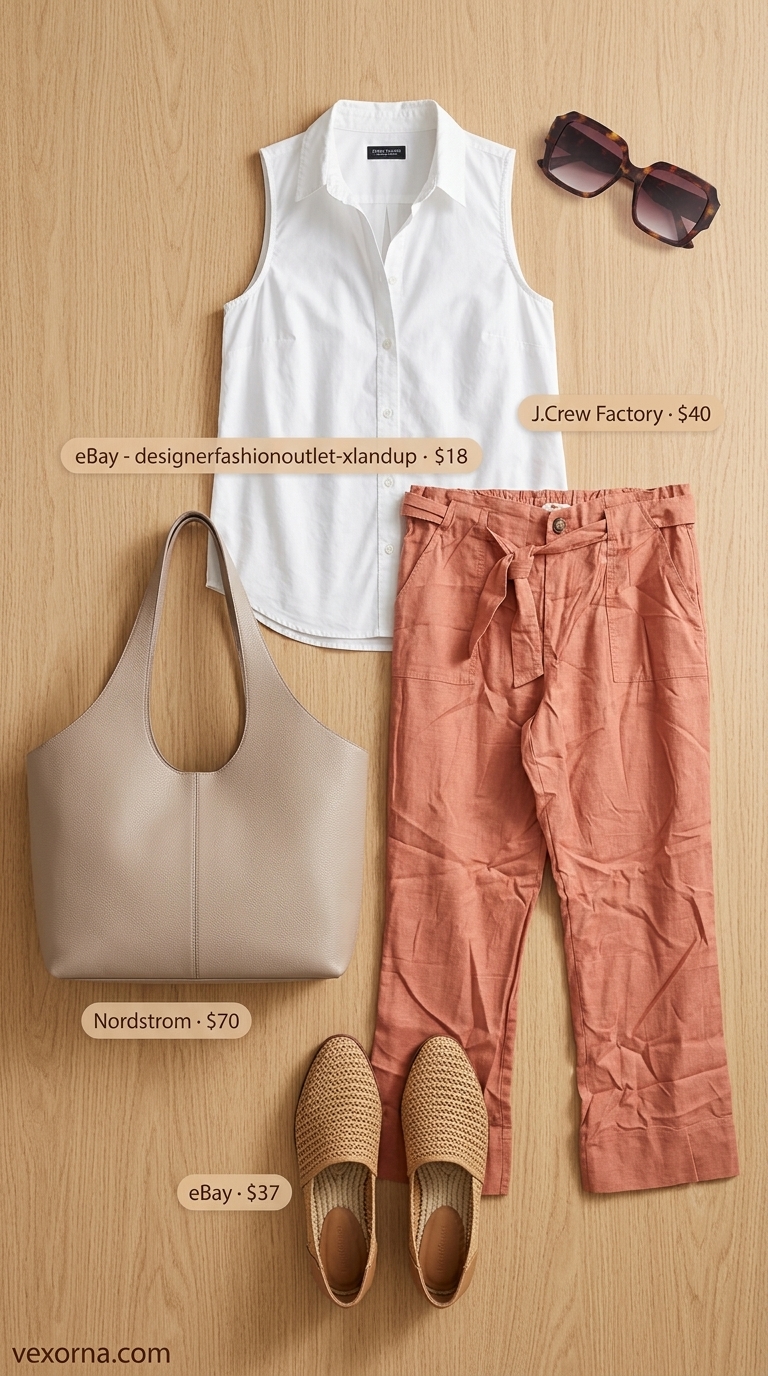 Feminine pastel summer outfit 2026: Coral linen pants, white shirt, tan espadrilles for coastal exploration.