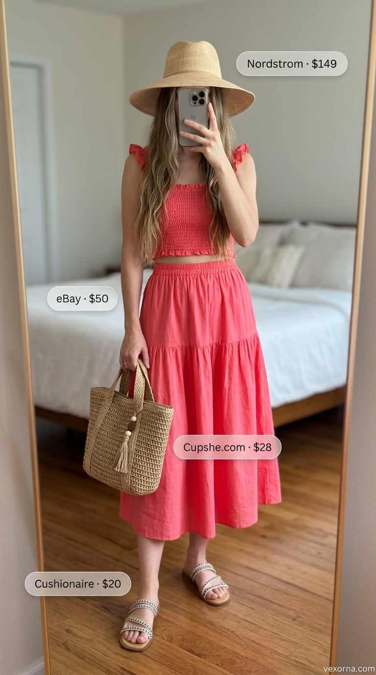 Feminine pastel summer outfit 2026: Coral pink matching set for a beach vacation.