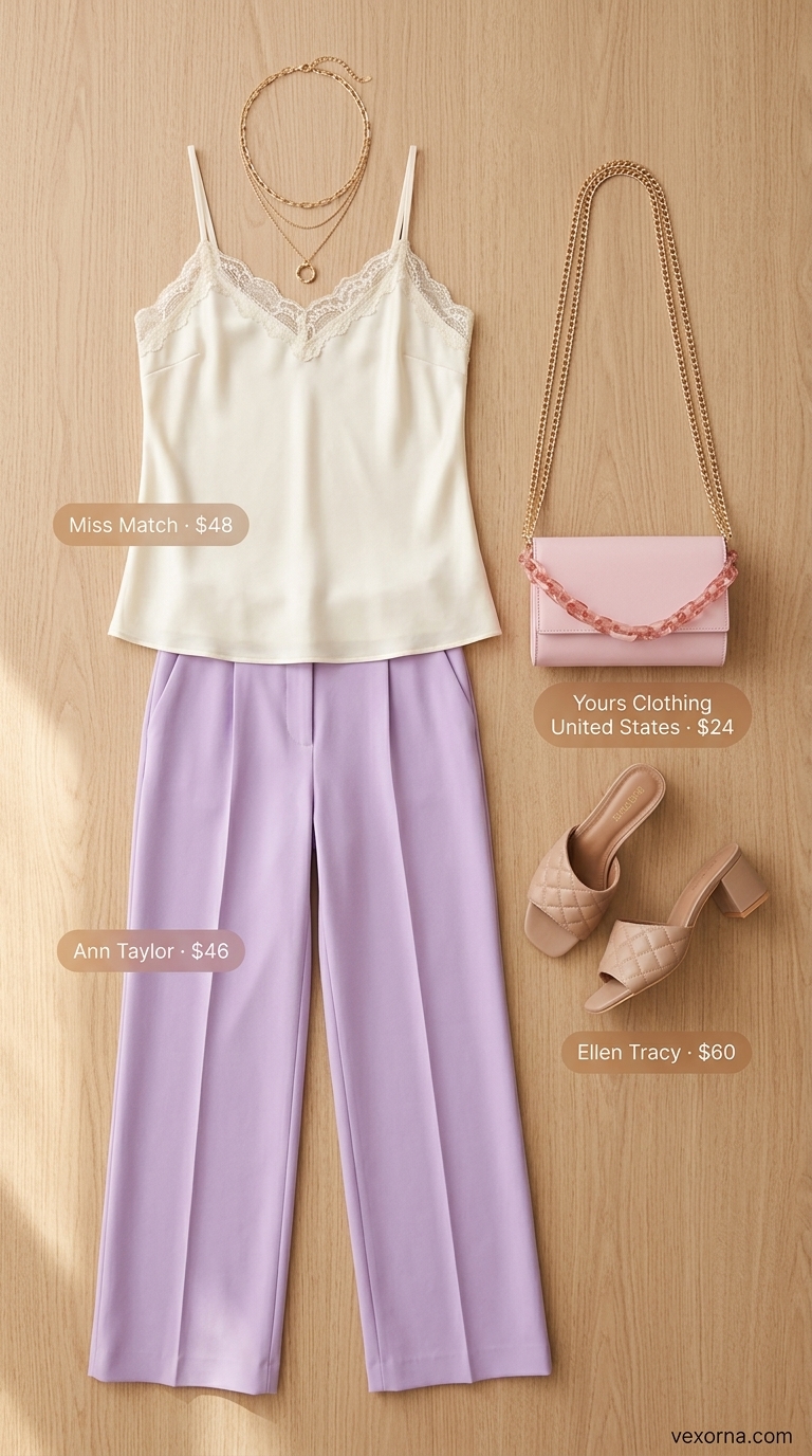 Feminine pastel summer outfit 2026: Lavender wide-leg trousers with cream camisole for brunch.