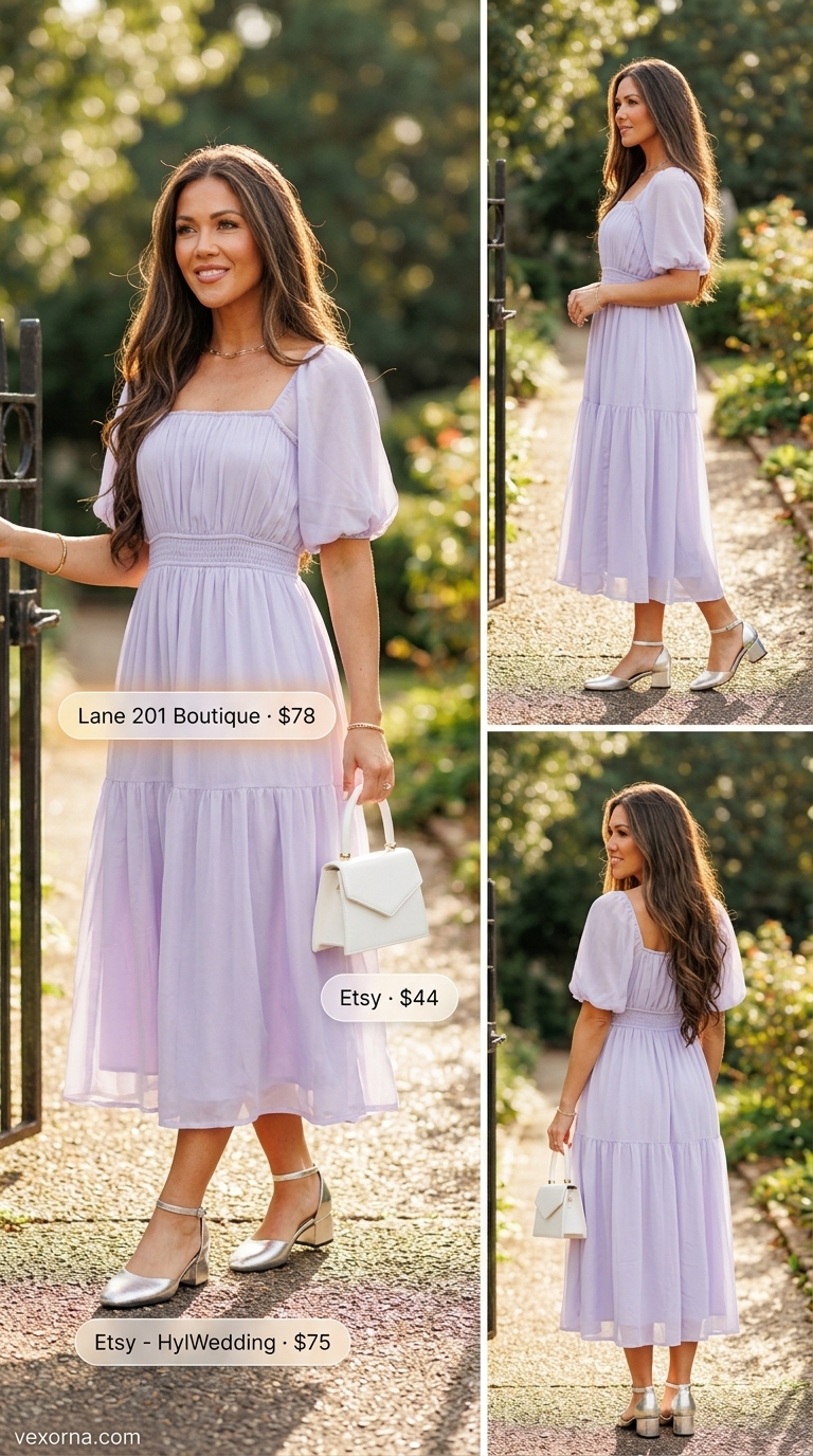 Feminine pastel summer outfit 2026: Lavender midi dress, silver sandals, top-handle bag for garden party.