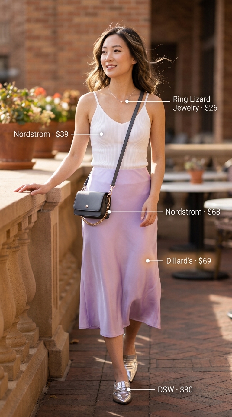 Feminine pastel summer outfit 2026: Lavender satin skirt with white camisole for brunch.