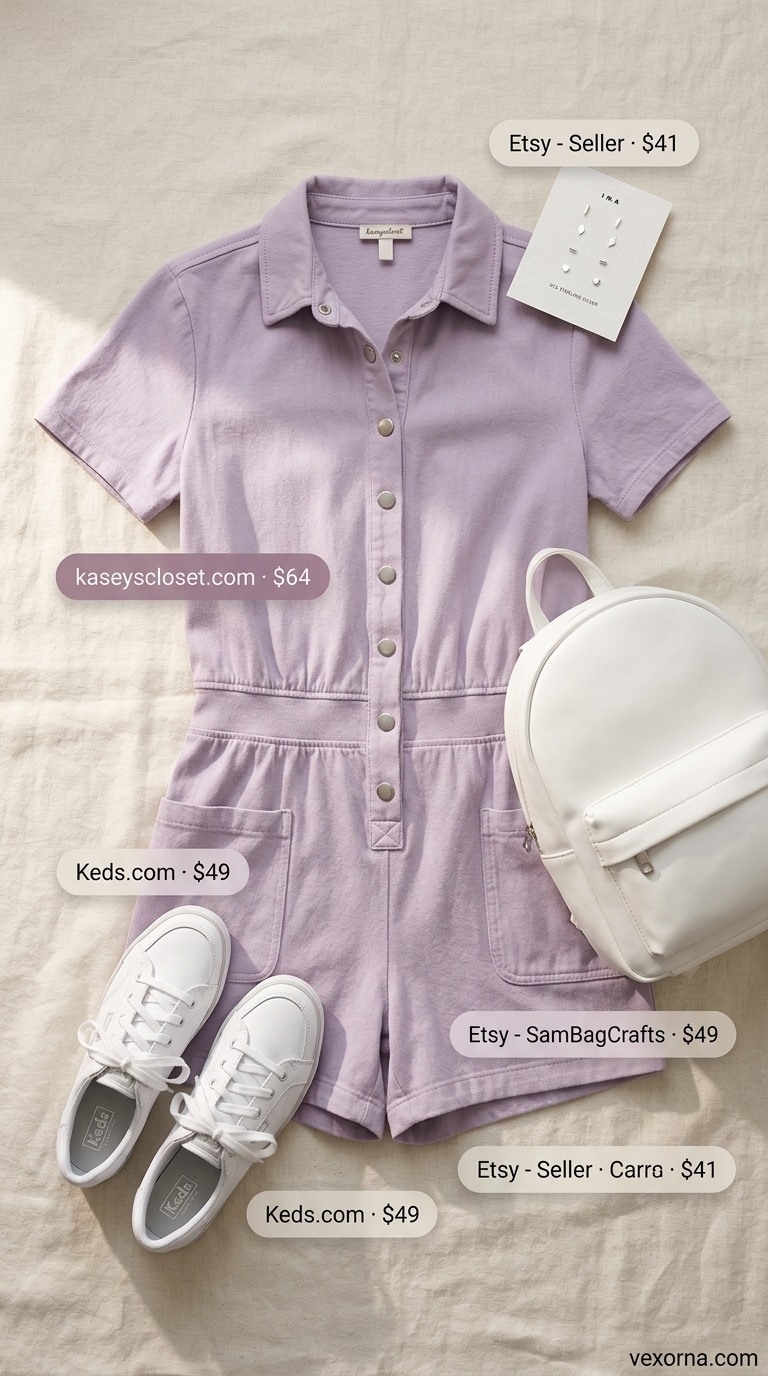Feminine pastel summer outfit 2026: Lilac romper, white sneakers, baseball cap for casual outing.