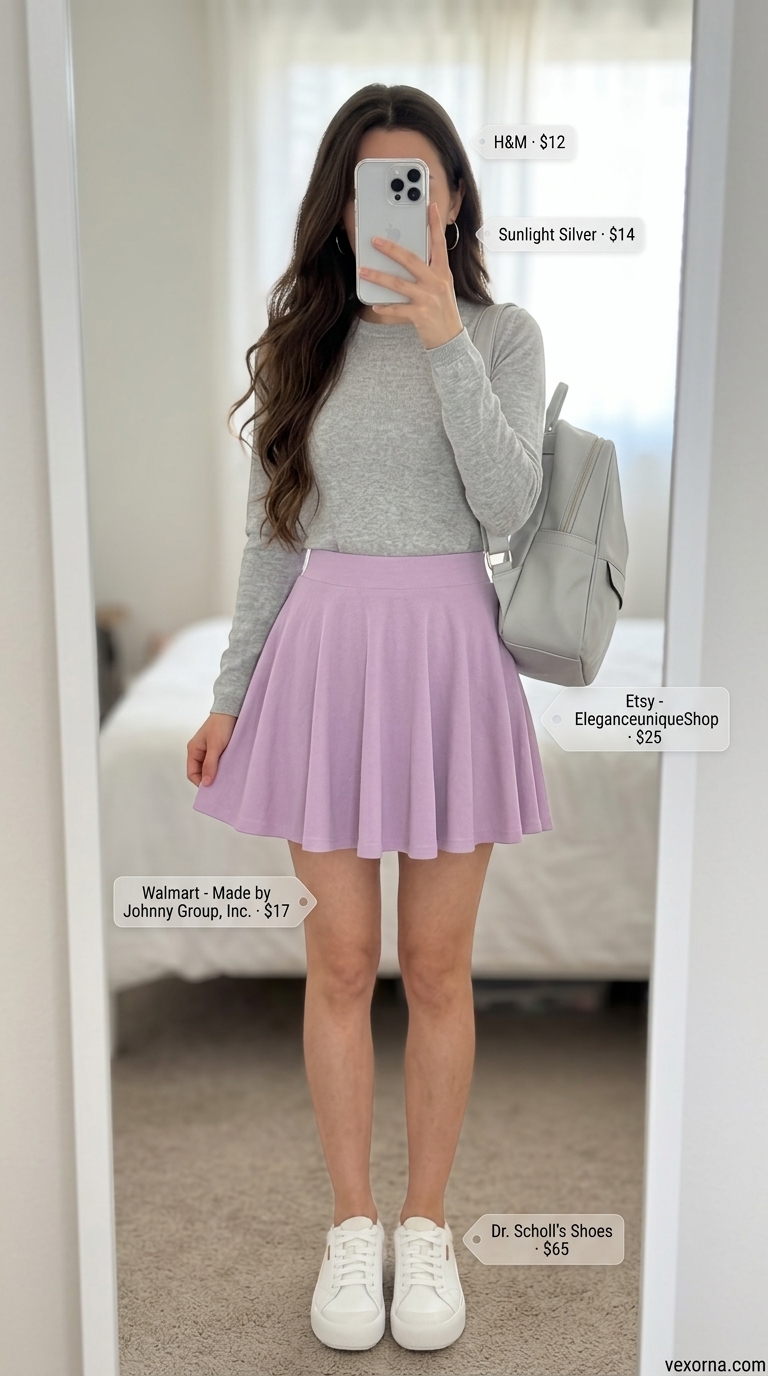 Feminine pastel summer outfit 2026: Lilac pleated skirt with grey sweater for a day out.