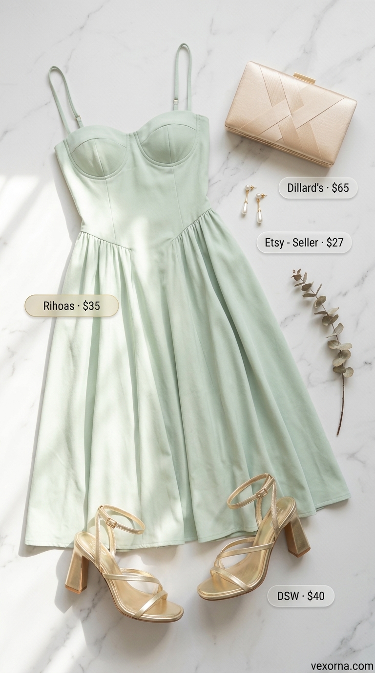 Feminine pastel summer outfit 2026: Mint green midi dress with gold sandals for a wedding guest.
