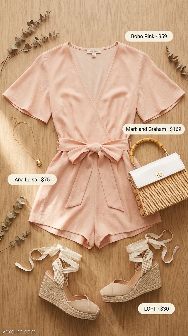 Feminine pastel summer outfits for women 2026: Soft peach linen romper, straw crossbody, espadrilles. Peach Blossom Garden Party style.