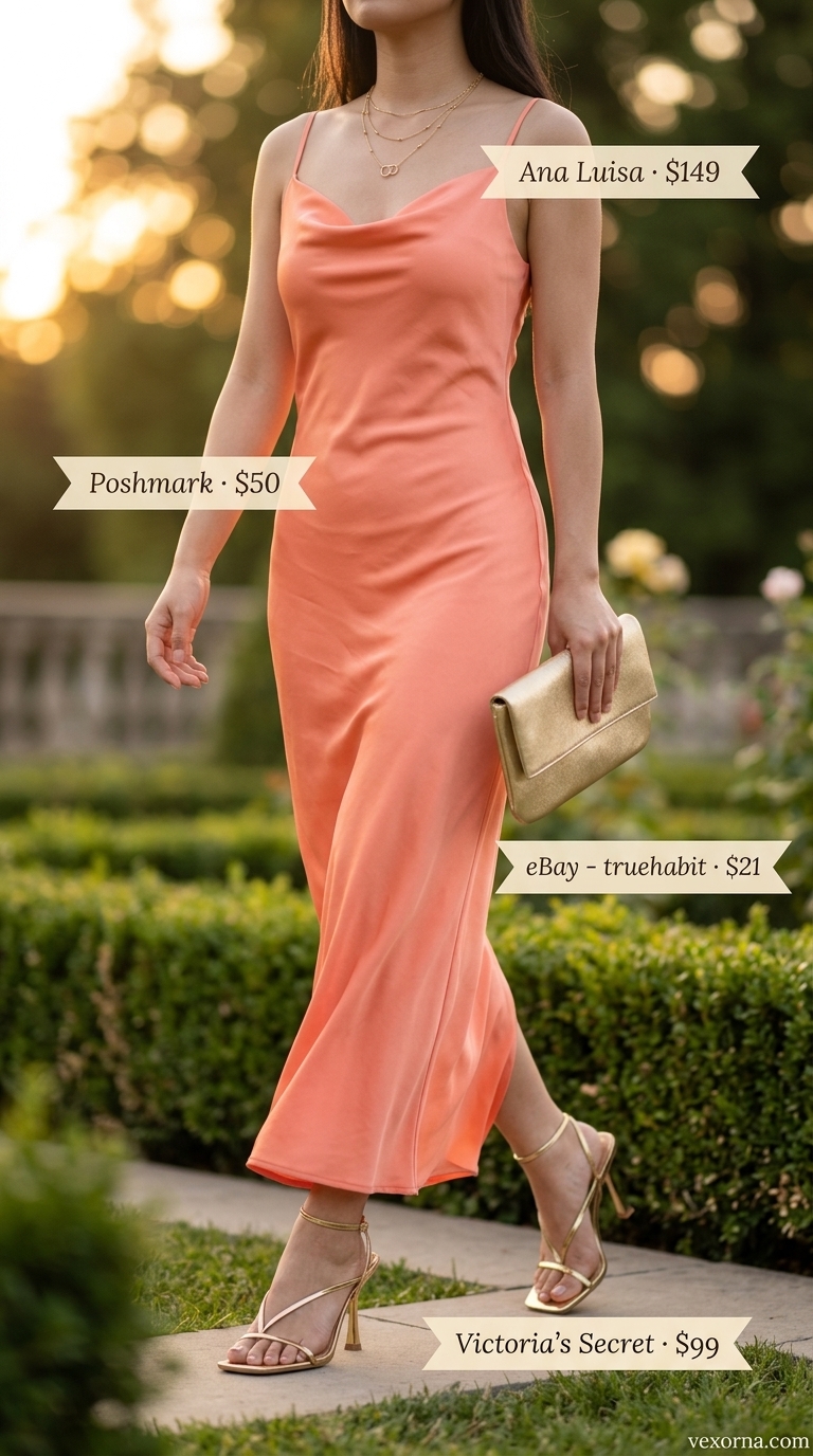 Feminine pastel summer outfit 2026: Soft peach maxi slip dress with gold heels for a date night.