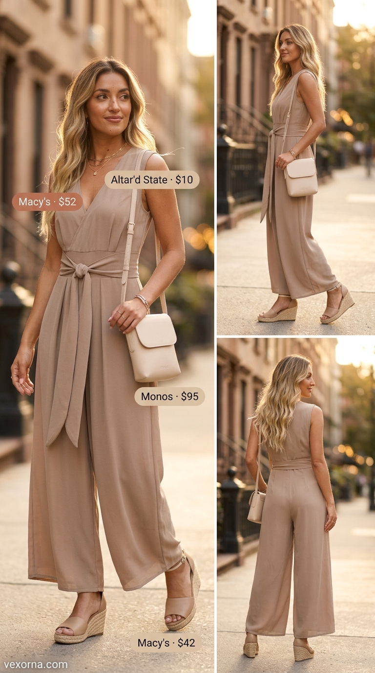 Feminine pastel summer outfit 2026: Pale peach jumpsuit, nude espadrilles, gold necklaces for casual dinner.