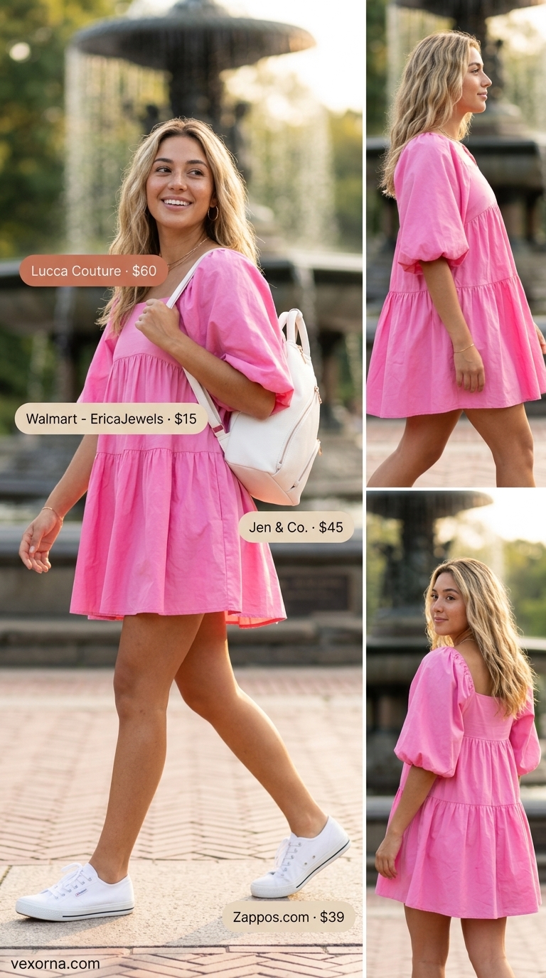 Feminine pastel summer outfit 2026: Soft pink babydoll dress with white sneakers for a picnic.