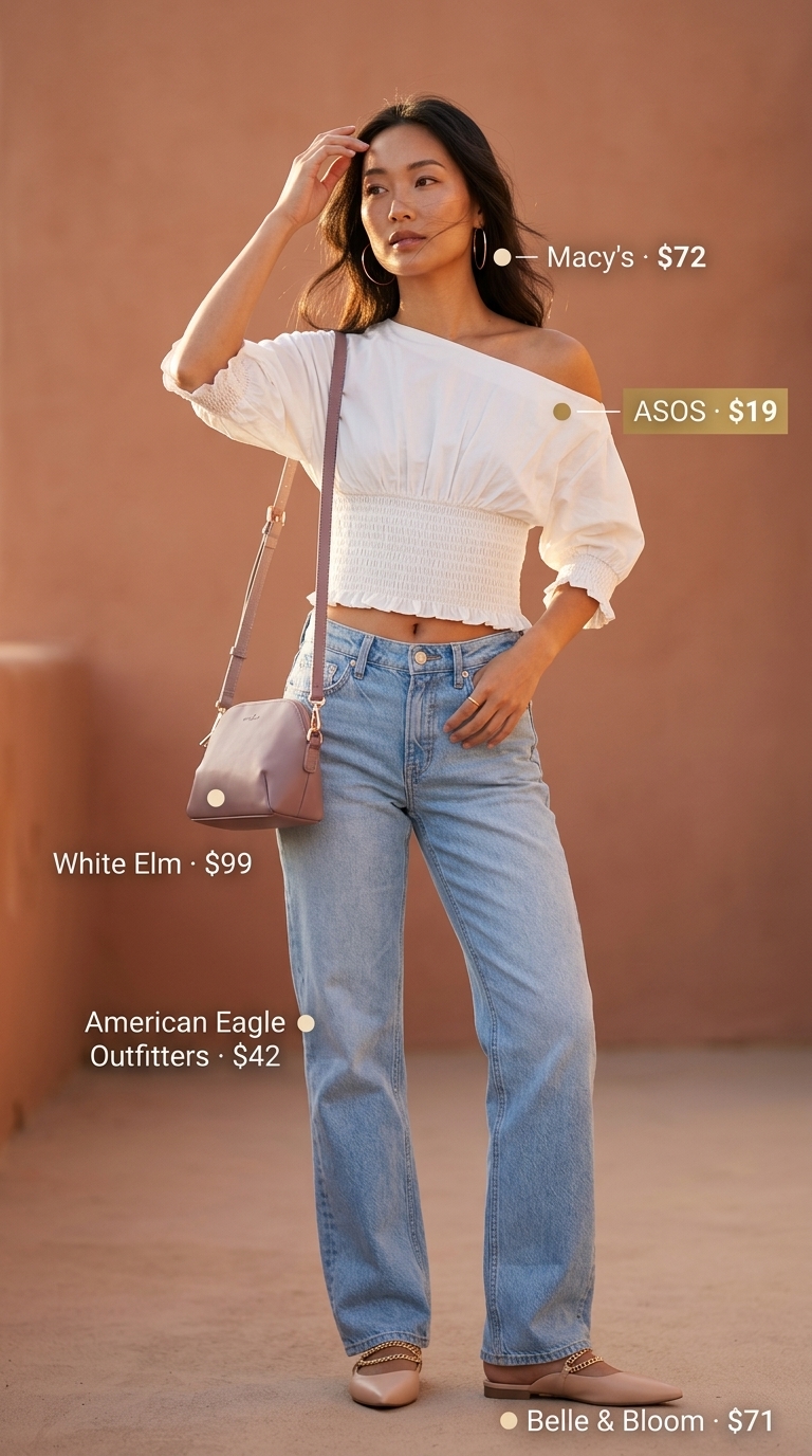Feminine pastel summer outfits for women 2026: Cream off-shoulder blouse, light wash jeans, rose gold accessories. Everyday Elegance style.