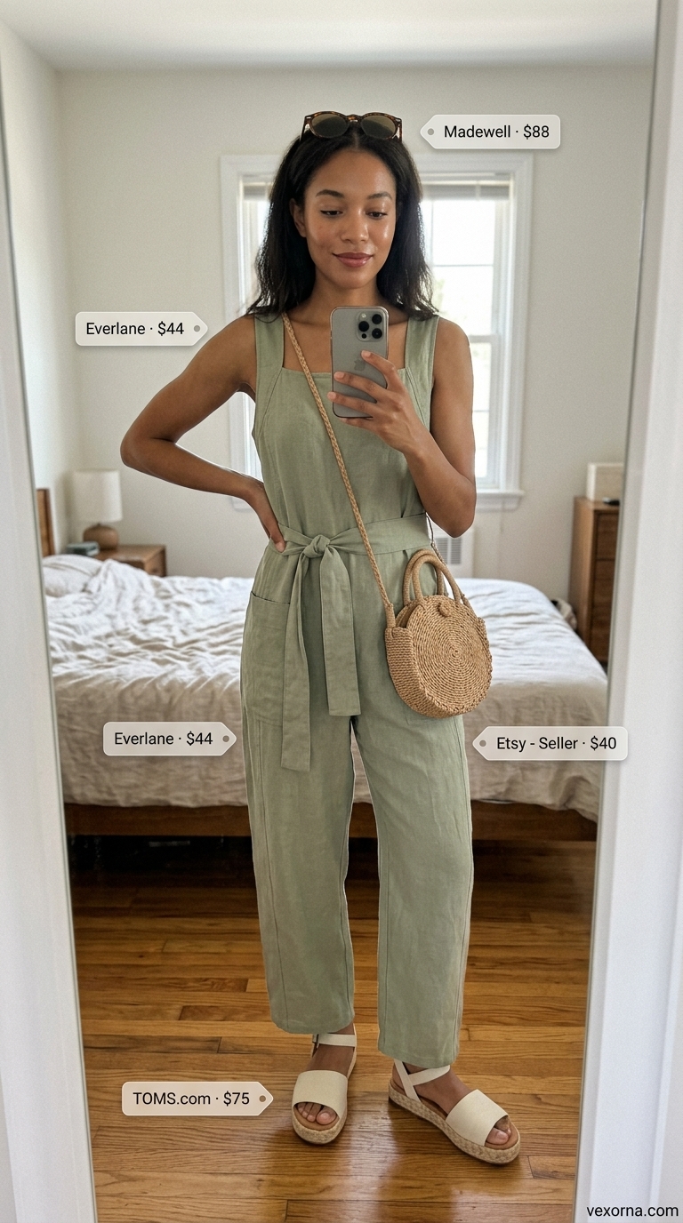 Feminine pastel summer outfit 2026: Sage green linen romper with beige espadrilles for a casual getaway.