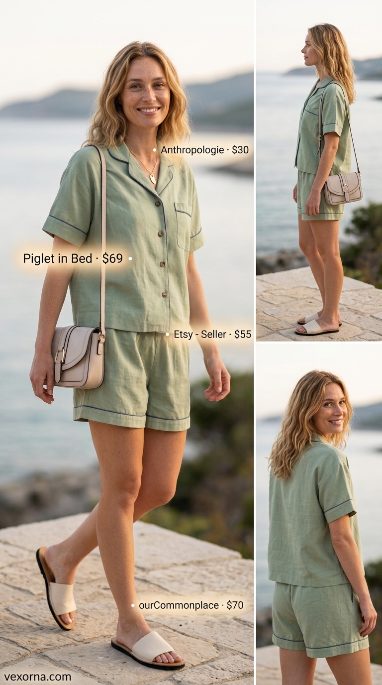 Feminine pastel summer outfit 2026: Sage green matching set, beige slides, cream bag for resort wear.