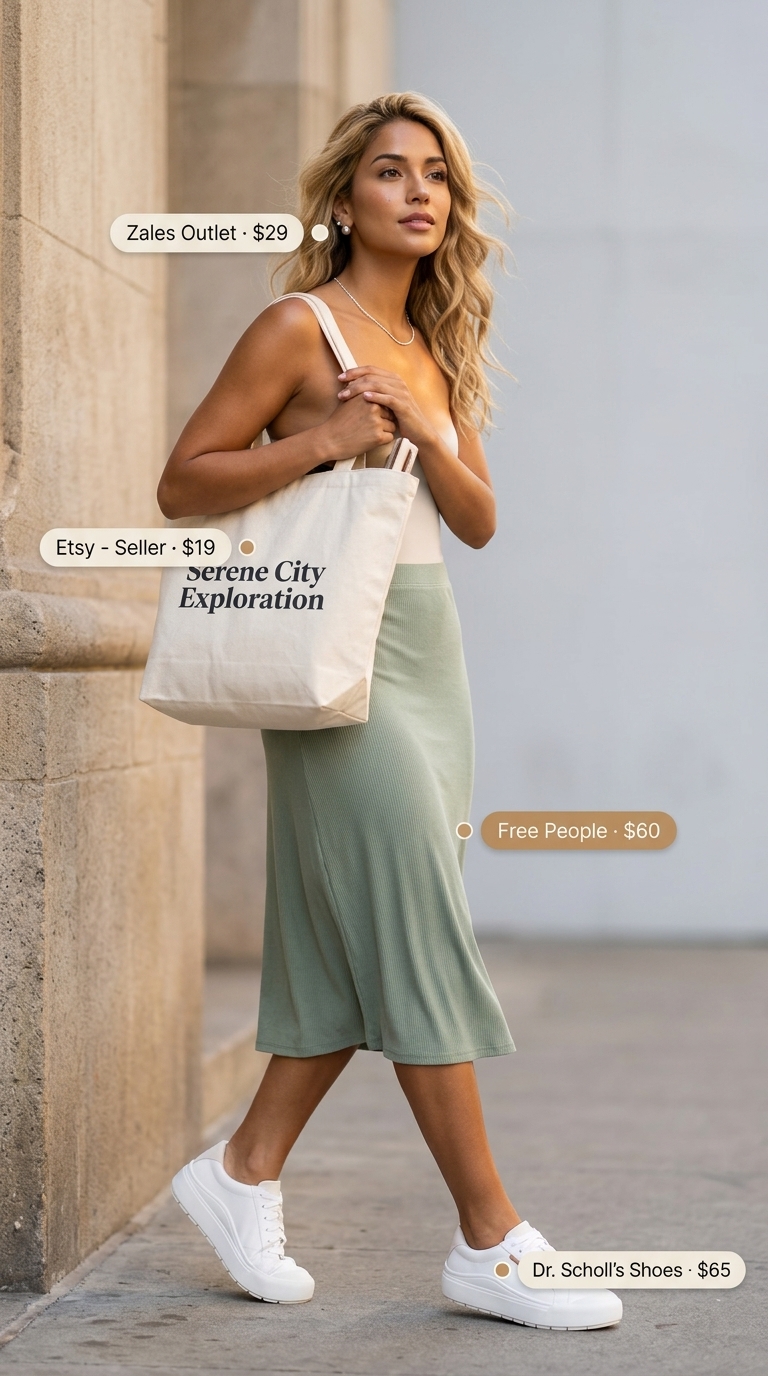 Feminine pastel summer outfit 2026: Sage green linen skirt, grey knit top, white sneakers for city exploration.
