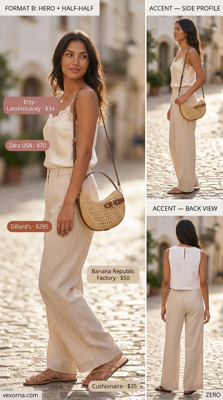 Feminine pastel summer outfits for women 2026: Mint green linen pants, cream camisole, gold necklace. Seaside Serenity Soiree style.