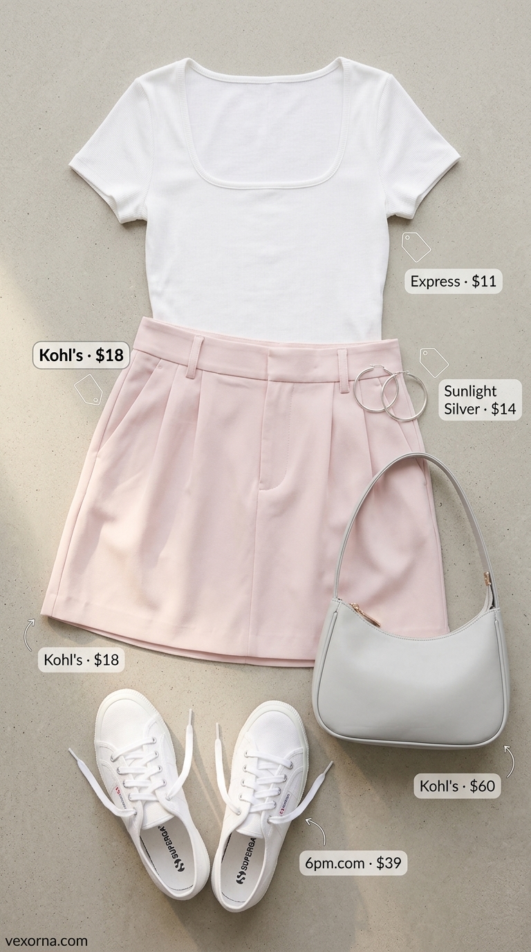 Feminine pastel summer outfits for women 2026: Blush pink mini skirt, white crop top, canvas sneakers. Sweet Strawberry Sorbet style.