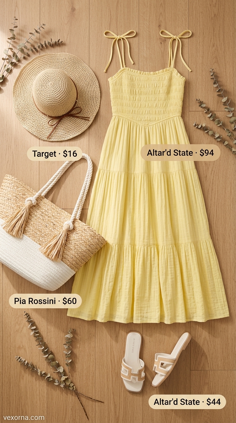 Feminine pastel summer outfit 2026: Pale yellow maxi dress, straw hat, slide sandals for beach vacation.